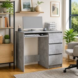 Concrete Grey Office Desk 90cm Engineered Wood Drawer Storage Compact
