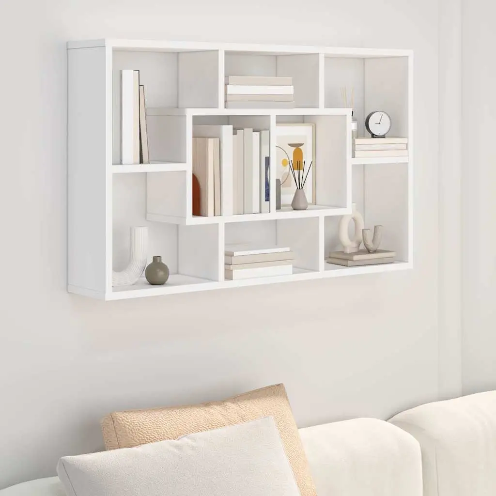 Wall Shelf White Floating Storage Eight Compartments Engineered Wood