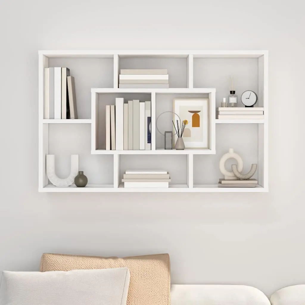 Wall Shelf White Floating Storage Eight Compartments Engineered Wood
