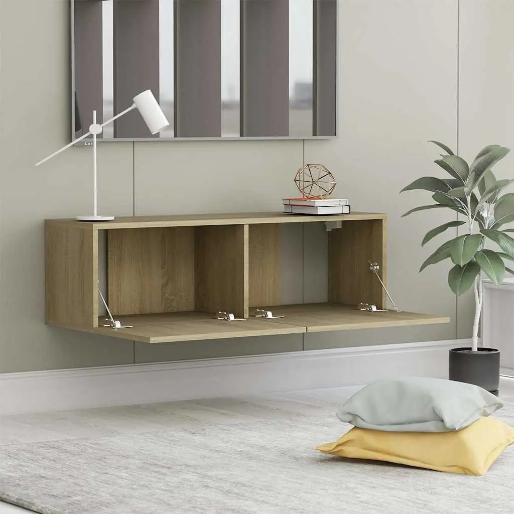 TV Cabinet Wall-Mounted Brown 100 x 30 x 30 cm Living Room Media Stand Storage Unit with 2 Compartments
