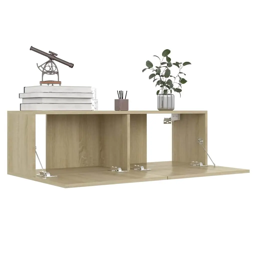 TV Cabinet Wall-Mounted Brown 100 x 30 x 30 cm Living Room Media Stand Storage Unit with 2 Compartments
