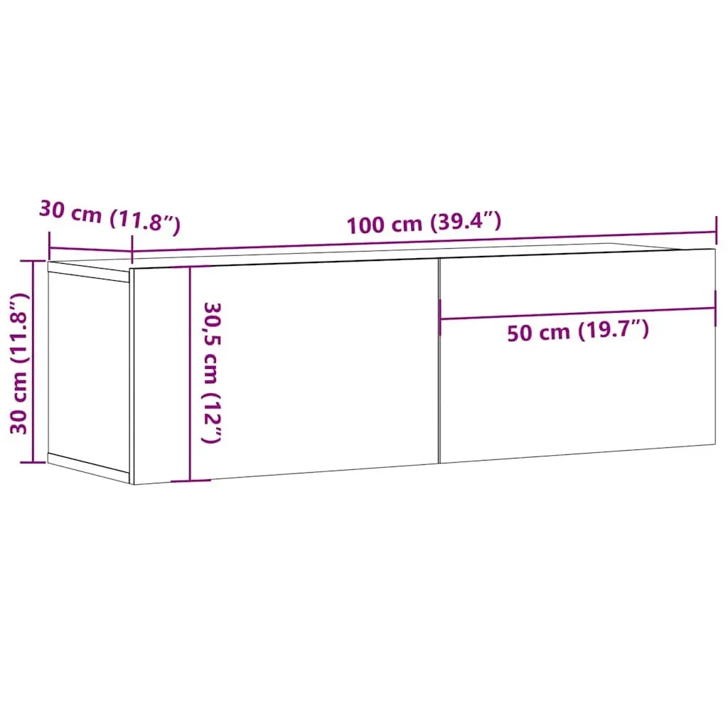 TV Cabinet Wall-Mounted Brown 100 x 30 x 30 cm Living Room Media Stand Storage Unit with 2 Compartments