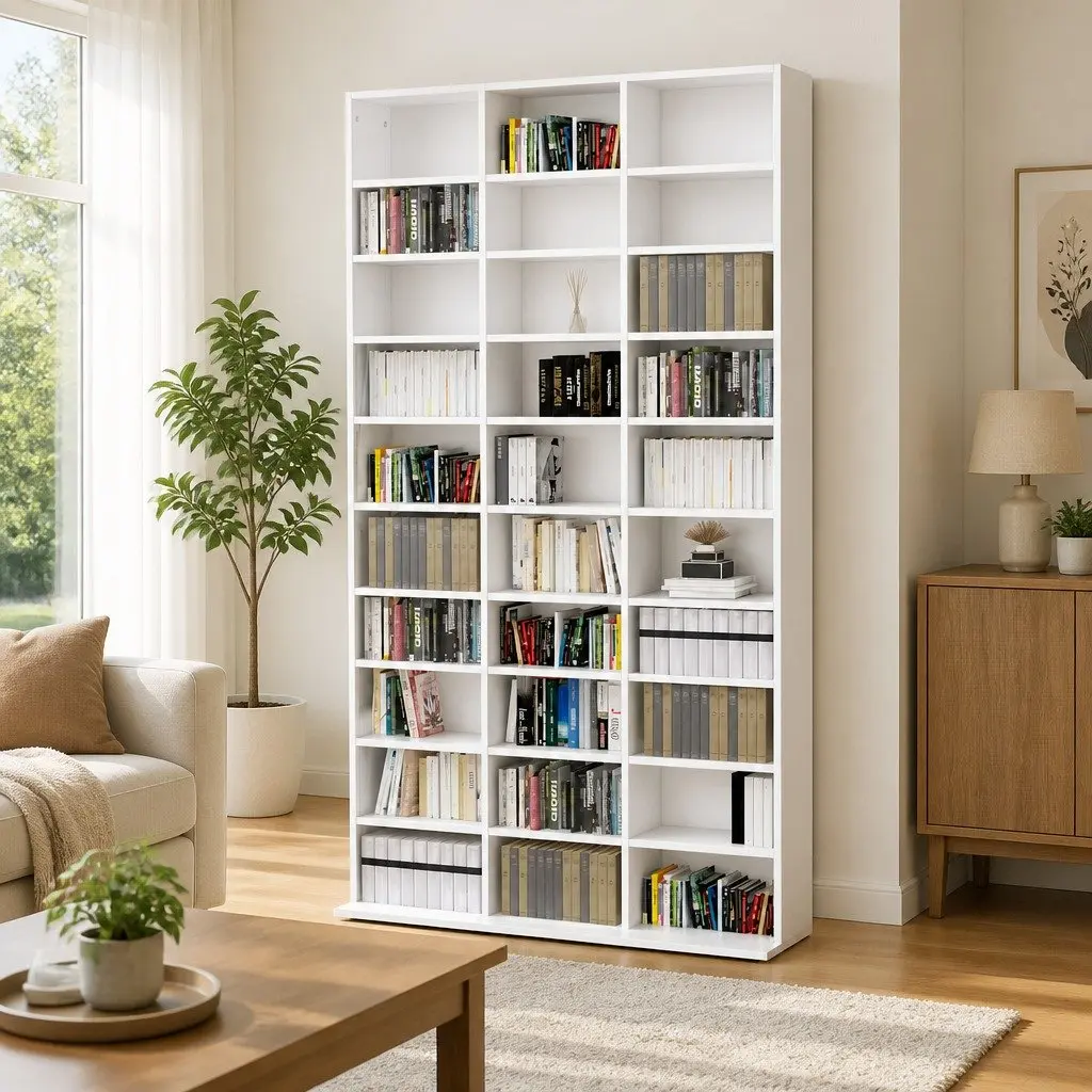 CD Cabinet White Media Storage Organizer 30 Compartments 102L x 23W x 177.5H cm