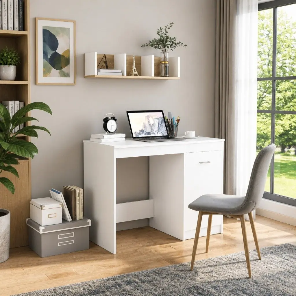 White Office Desk with Integrated Storage Cabinet 100x50x76 cm