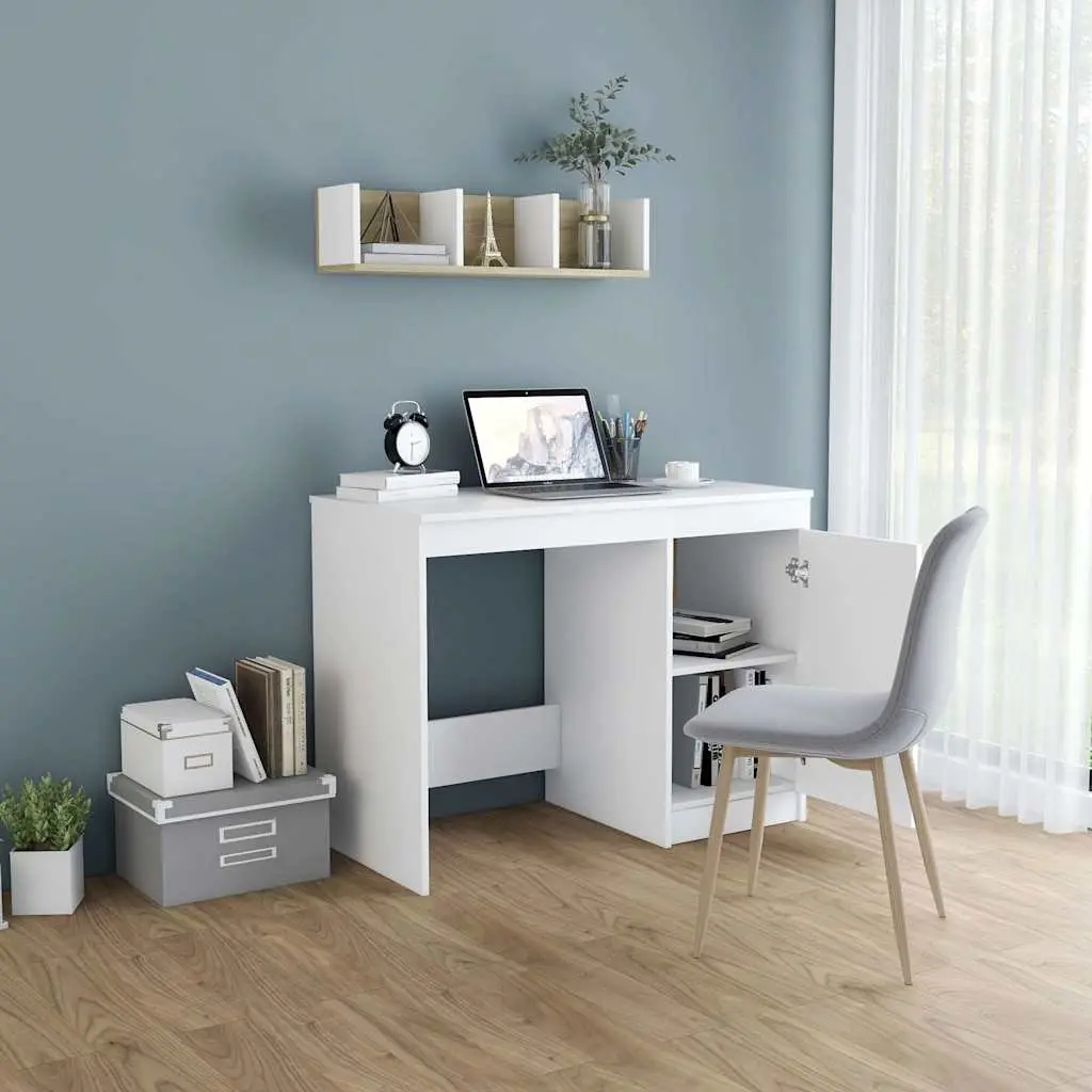 White Office Desk with Integrated Storage Cabinet 100x50x76 cm