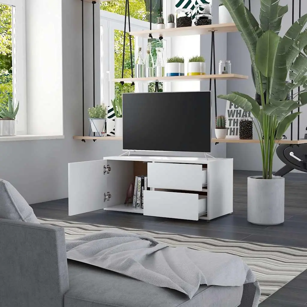 TV Cabinet White Engineered Wood Storage Unit with Drawers and Door Compartment 80W x 34D x 36H cm