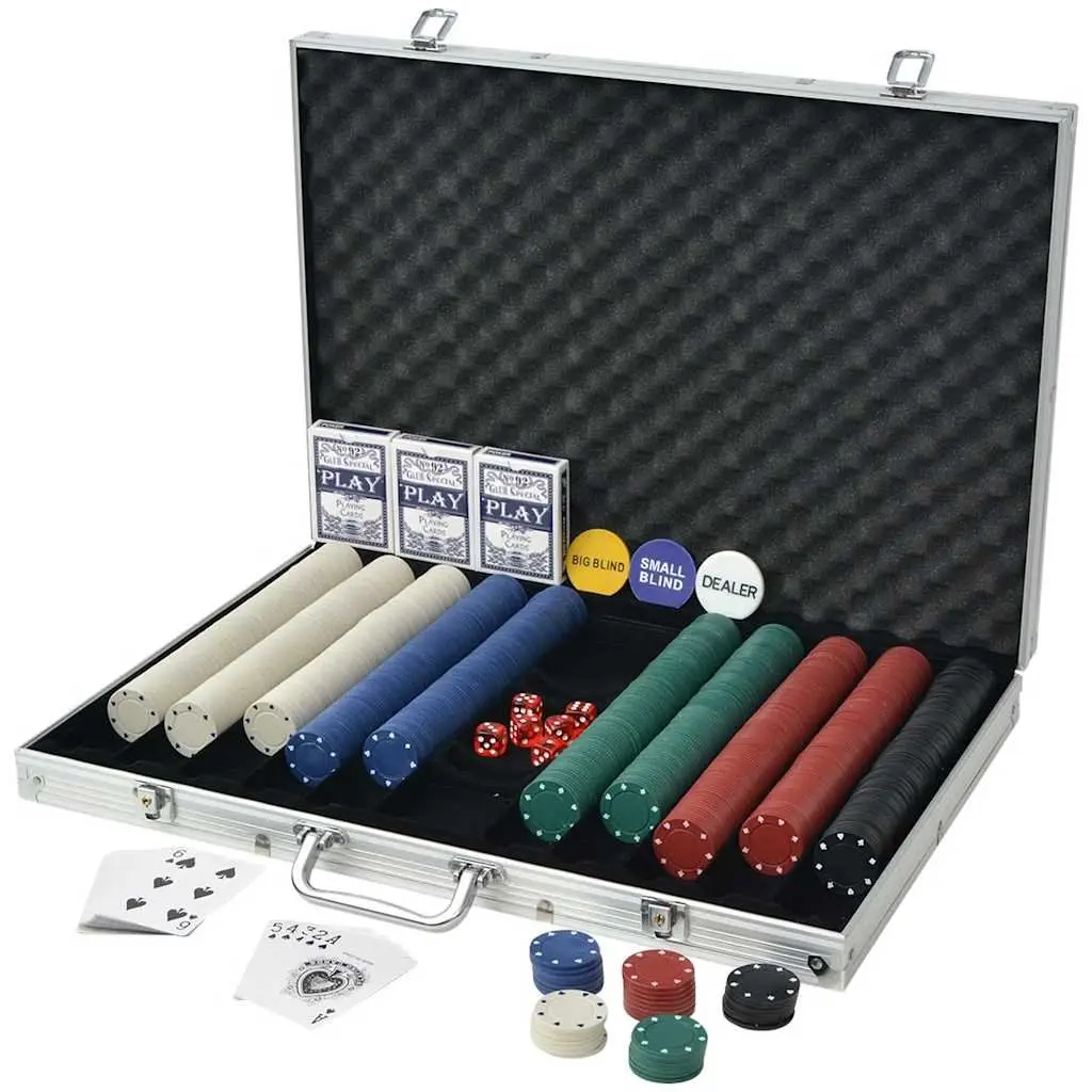 Poker Set with 1000 Chips Casino Dice Cards Buttons Aluminium Case
