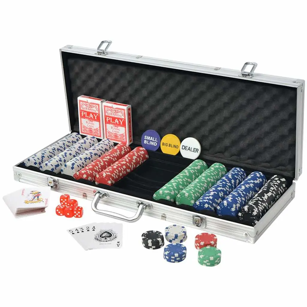 Poker Set 500 Chips Aluminium Case 2 Decks Cards 5 Dice Buttons