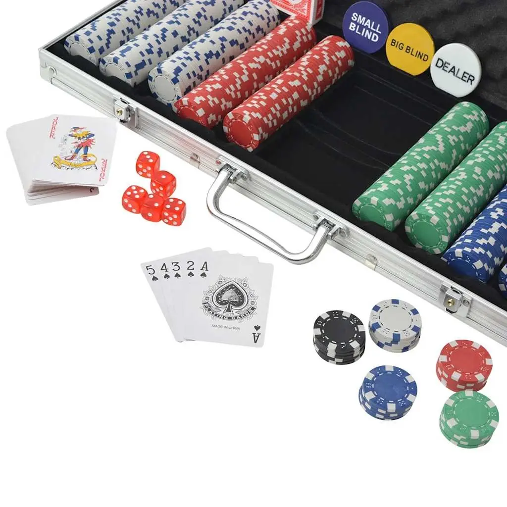 Poker Set 500 Chips Aluminium Case 2 Decks Cards 5 Dice Buttons