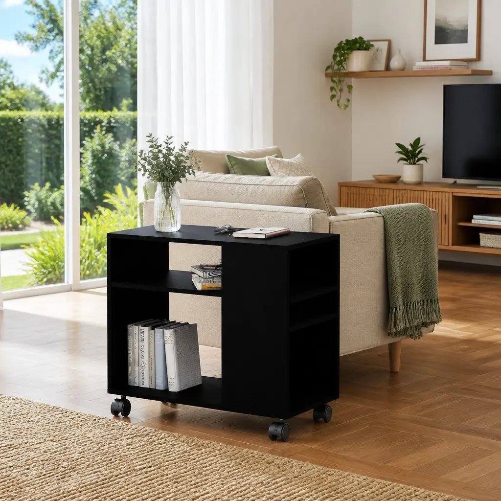 Black Side Table with Wheels