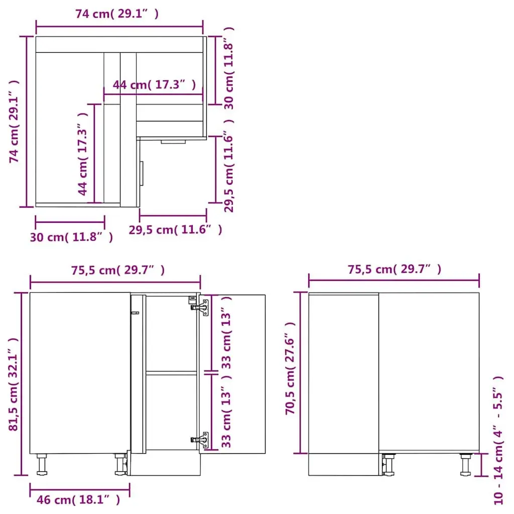 Grey Corner Kitchen Cabinet with Doors and Shelves for Storage 75.5cm Wide 75.5cm Deep 81.5cm High
