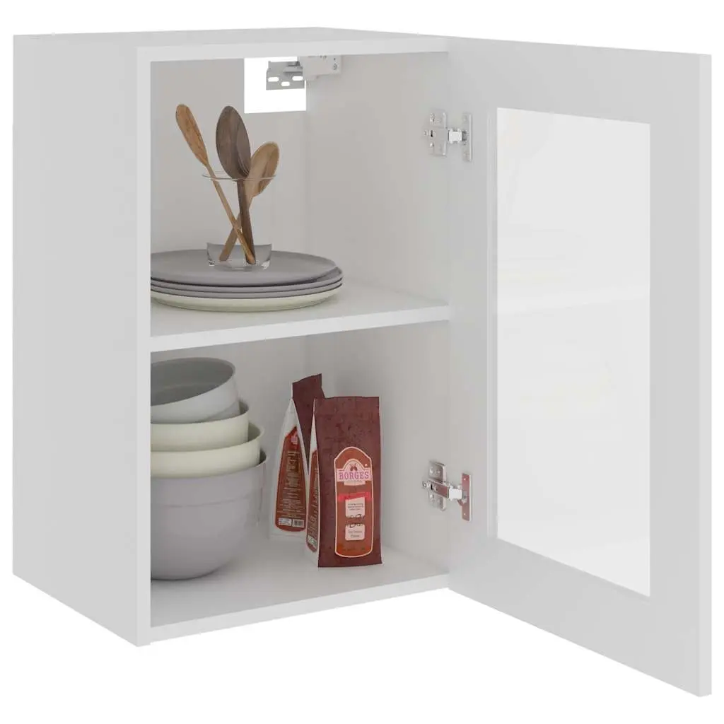 Hanging Glass Kitchen Cabinet White Storage Organizer with Two Interior Shelves