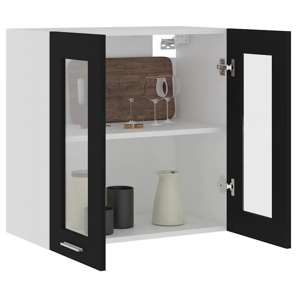 Black Hanging Glass Kitchen Cabinet Storage Shelves 60 x 31 x 60 cm