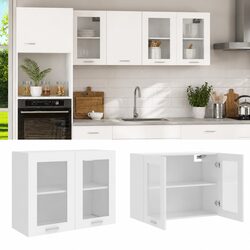 White Hanging Glass Kitchen Cabinet Storage Shelves Doors Engineered Wood