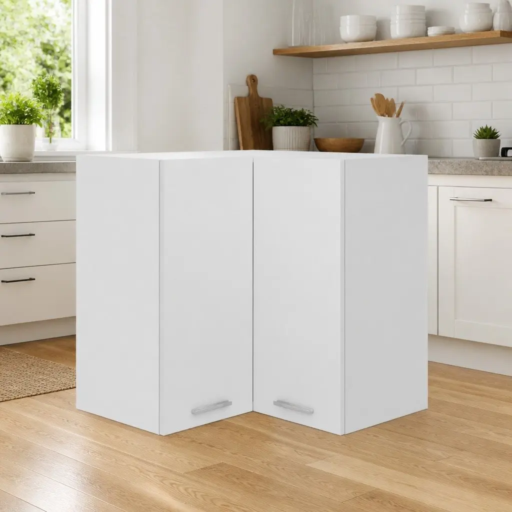 Hanging Corner Kitchen Cabinet White Two Shelves Two Doors 57W x 57D x 60H cm