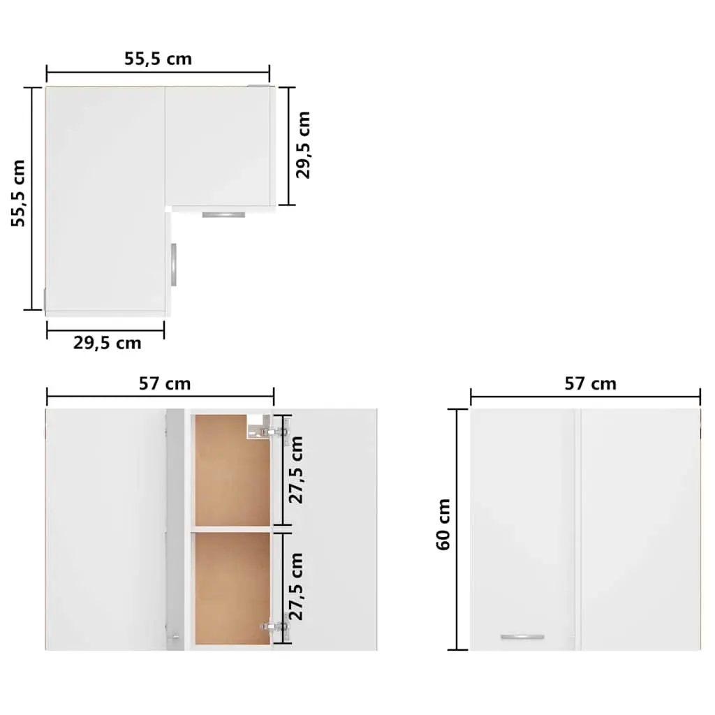 Hanging Corner Kitchen Cabinet White Two Shelves Two Doors 57W x 57D x 60H cm