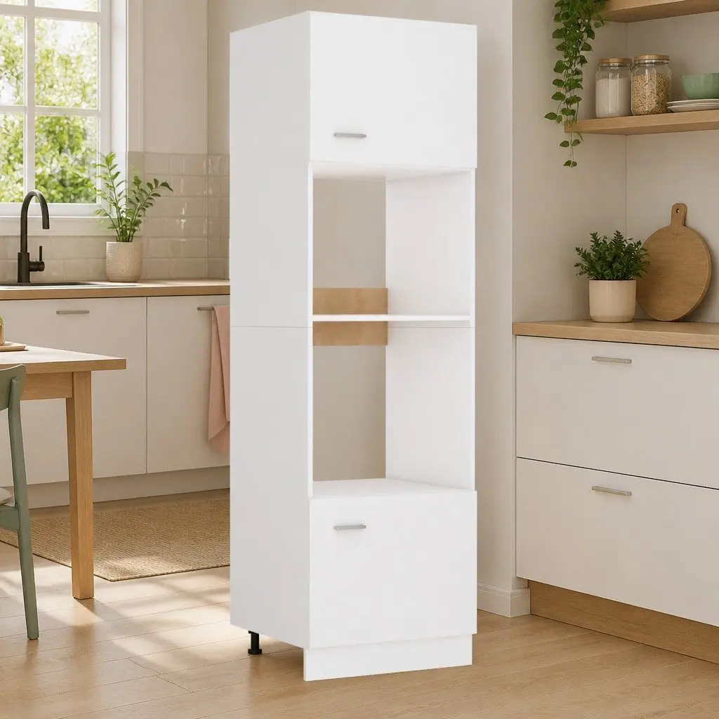 Microwave Cabinet White 60x57x207cm Kitchen Storage Cupboard 4 Shelves 2 Doors