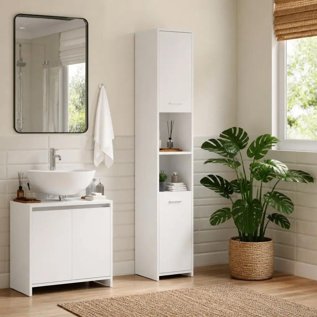 White Bathroom Cabinet Storage Unit 30x30x183.5cm with 2 Doors and 6 Compartments for Organized Bathroom Storage