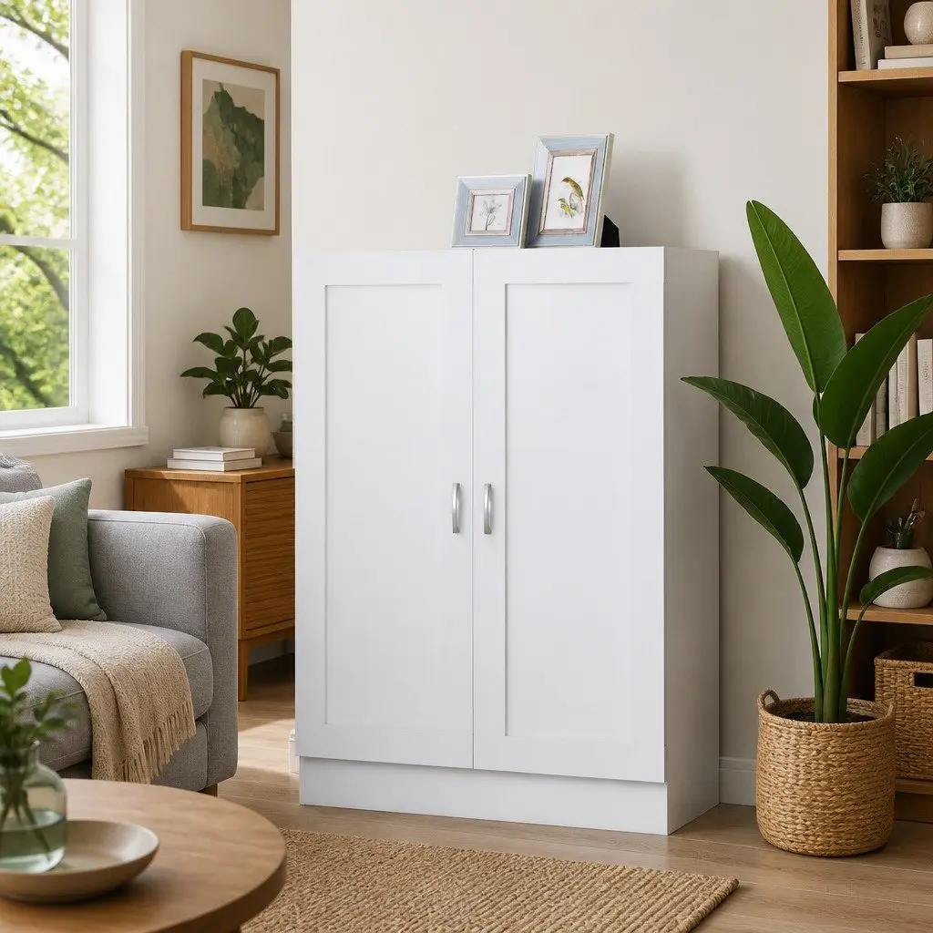 White Book Cabinet Storage Shelving Unit with 3 Compartments and 2 Doors 82.5 x 30.5 x 115 cm