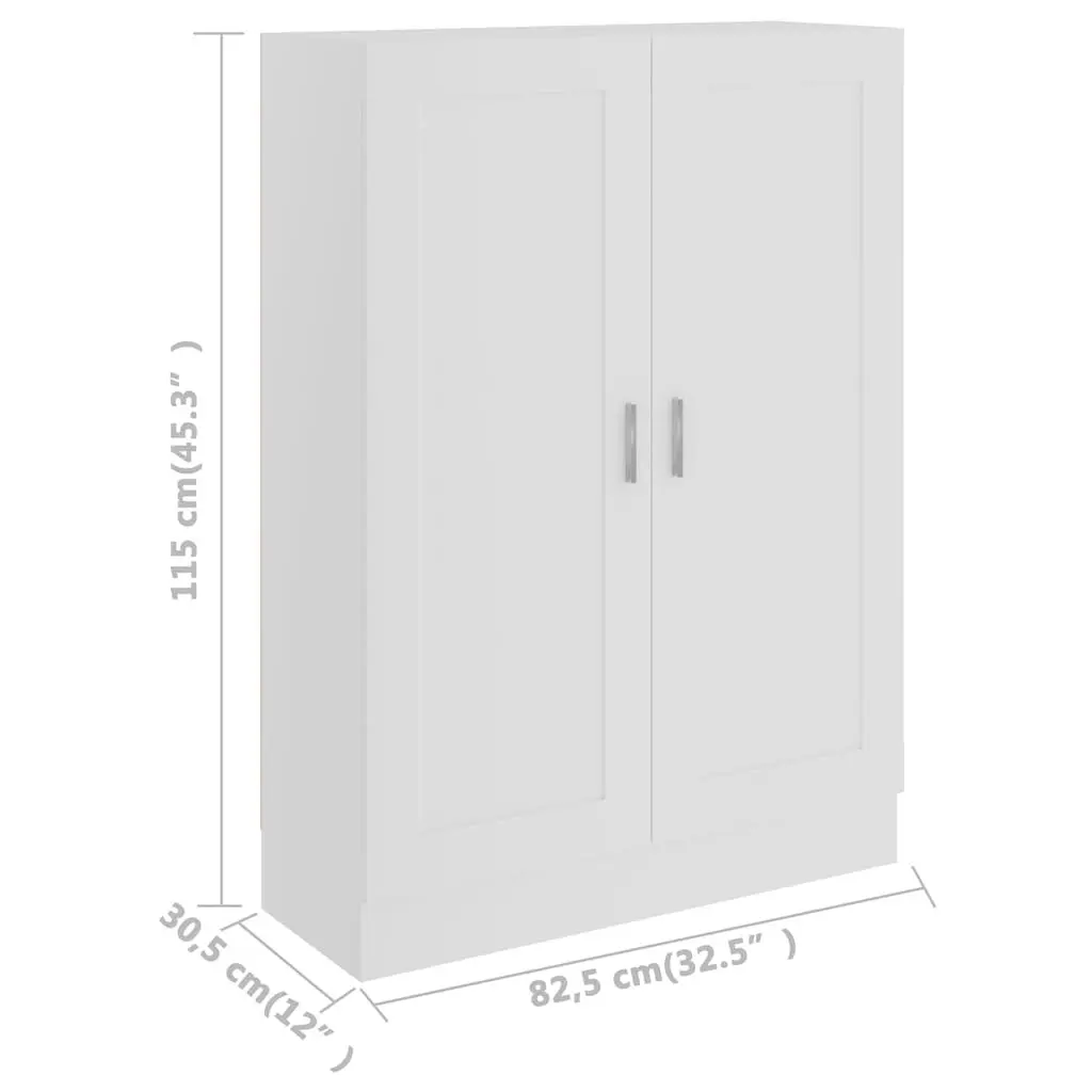 White Book Cabinet Storage Shelving Unit with 3 Compartments and 2 Doors 82.5 x 30.5 x 115 cm