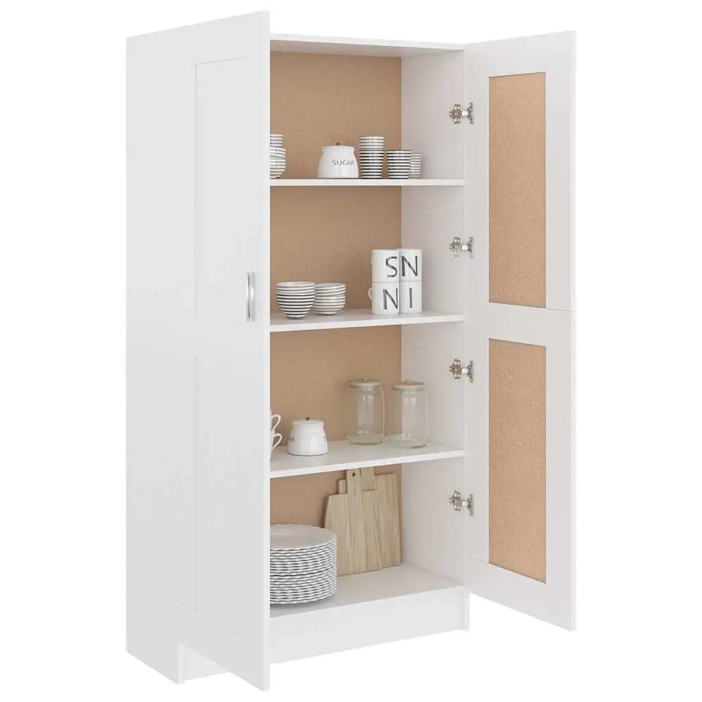 Book Cabinet White Engineered Wood Storage Shelving Unit 4 Compartments 2 Doors