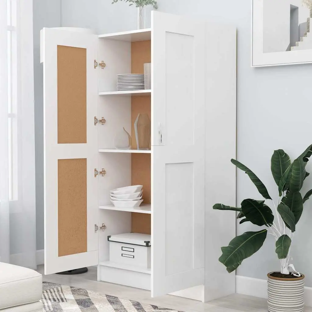 Book Cabinet White Engineered Wood Storage Shelving Unit 4 Compartments 2 Doors