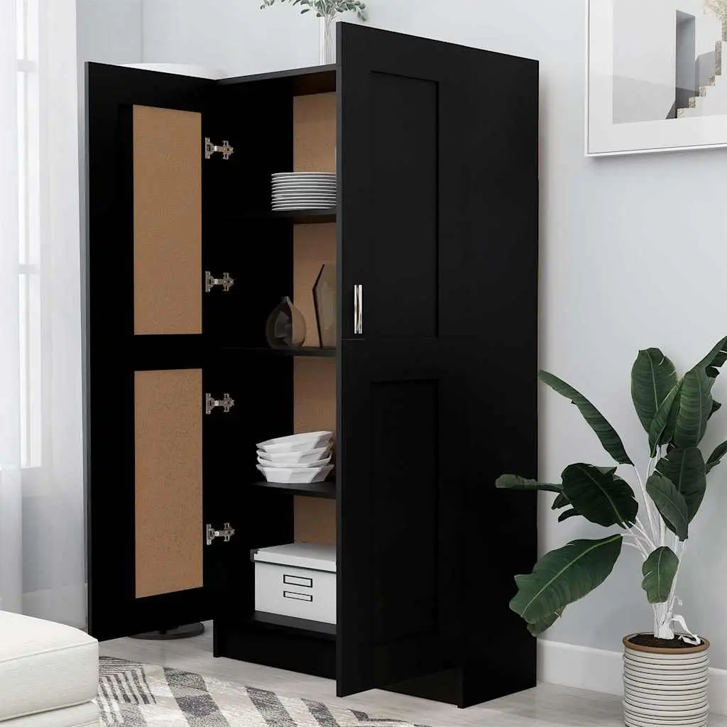 Book Cabinet Black Engineered Wood Storage Shelving Unit with Doors Compartments