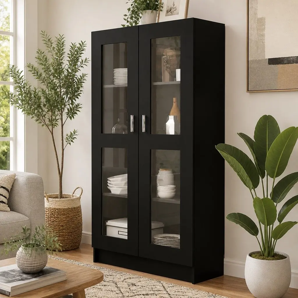 Black Vitrine Cabinet Standing Shelf Bookcase Display Storage 4 Compartments 2
