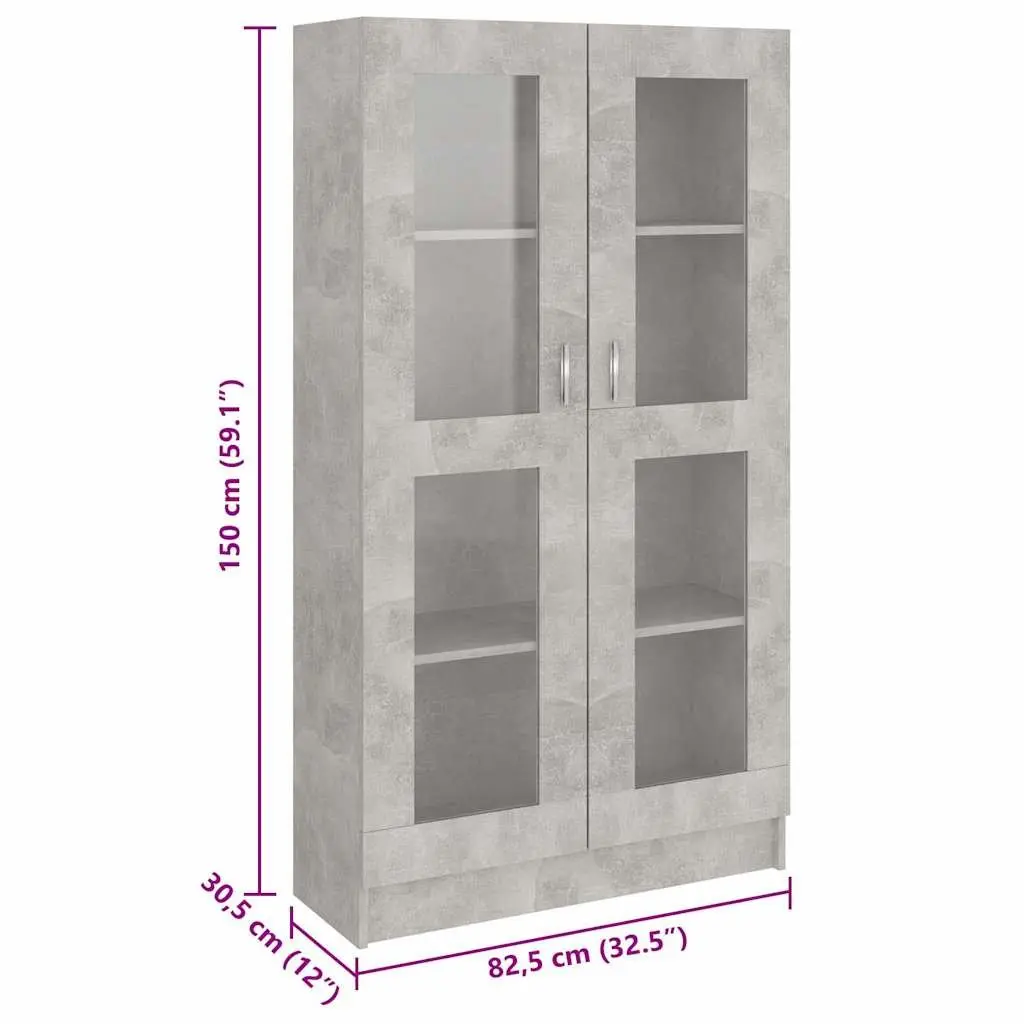 Vitrine Cabinet Grey Engineered Wood Storage Bookshelf 4 Compartments 2 Doors