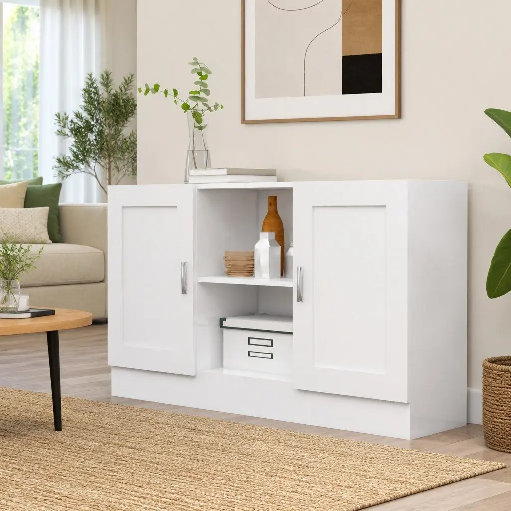 Sideboard Storage Cabinet White Engineered Wood 120cm 2 Doors 2 Compartments