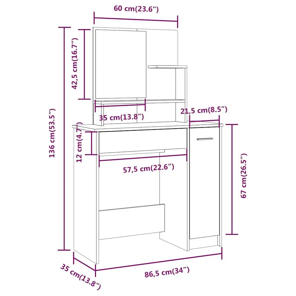 Dressing Table with Mirror White Engineered Wood Makeup Desk Storage Drawer 86.5 x 35 x 136 cm