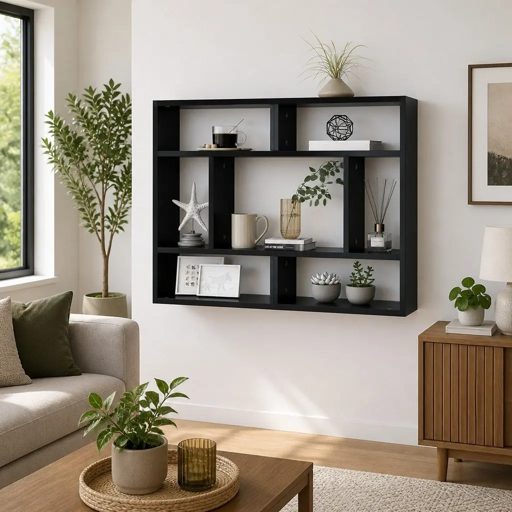 Wall Shelf Black Open Compartments 75x16x55cm