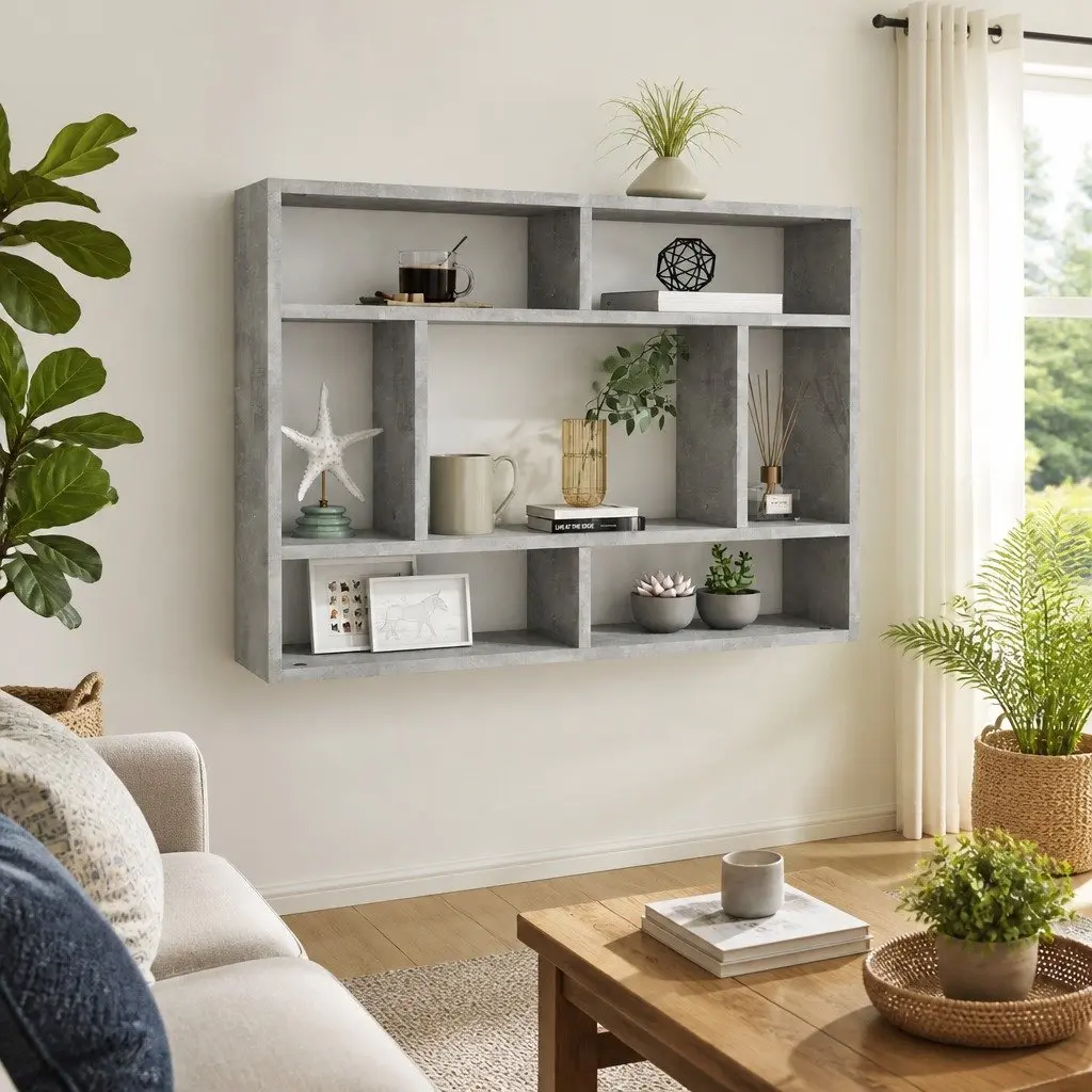 Wall Shelf Grey Open Compartment Storage Display Unit 75 x 16 x 55 cm