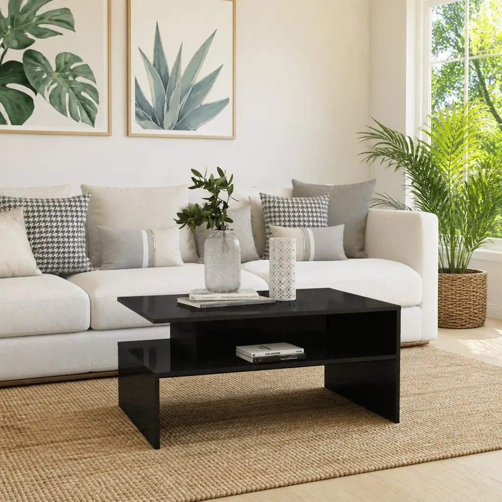 Coffee Table High Gloss Grey Storage Shelf 90 x 60 x 42.5 cm