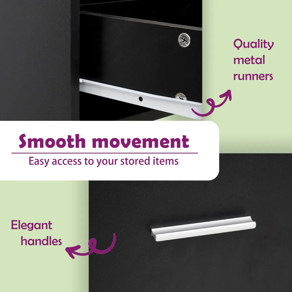 Bedside Table Black Storage Cabinet with Drawers and Shelf 50 x 32 x 60 cm