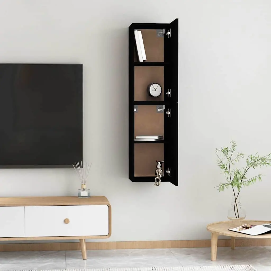 Wall-Mounted TV Cabinet Set Black 2 Pieces Storage Shelves Living Room Unit