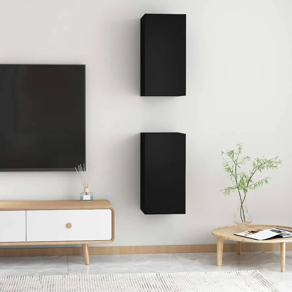 Wall-Mounted TV Cabinet Set Black 2 Pieces Storage Shelves Living Room Unit