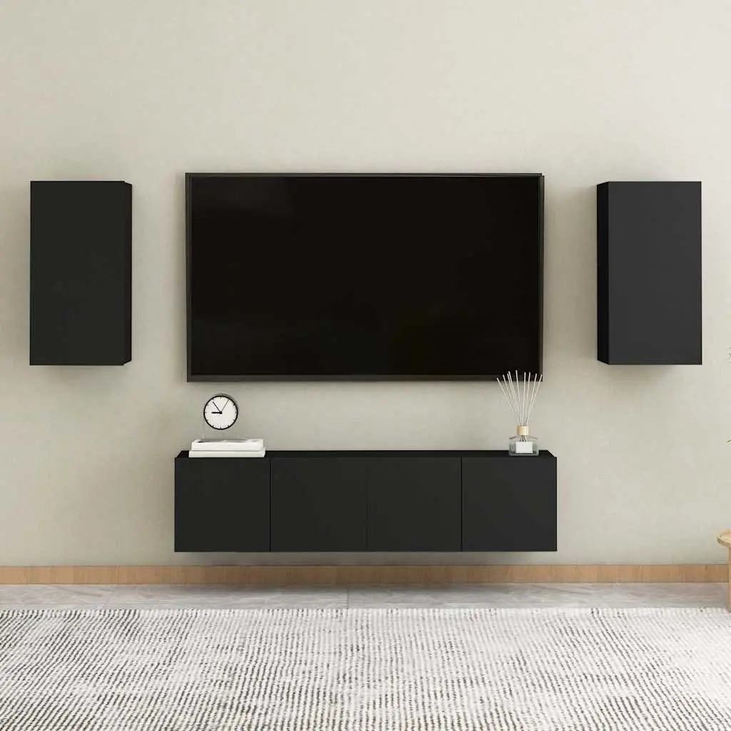 Wall-Mounted TV Cabinet Set Black 2 Pieces Storage Shelves Living Room Unit