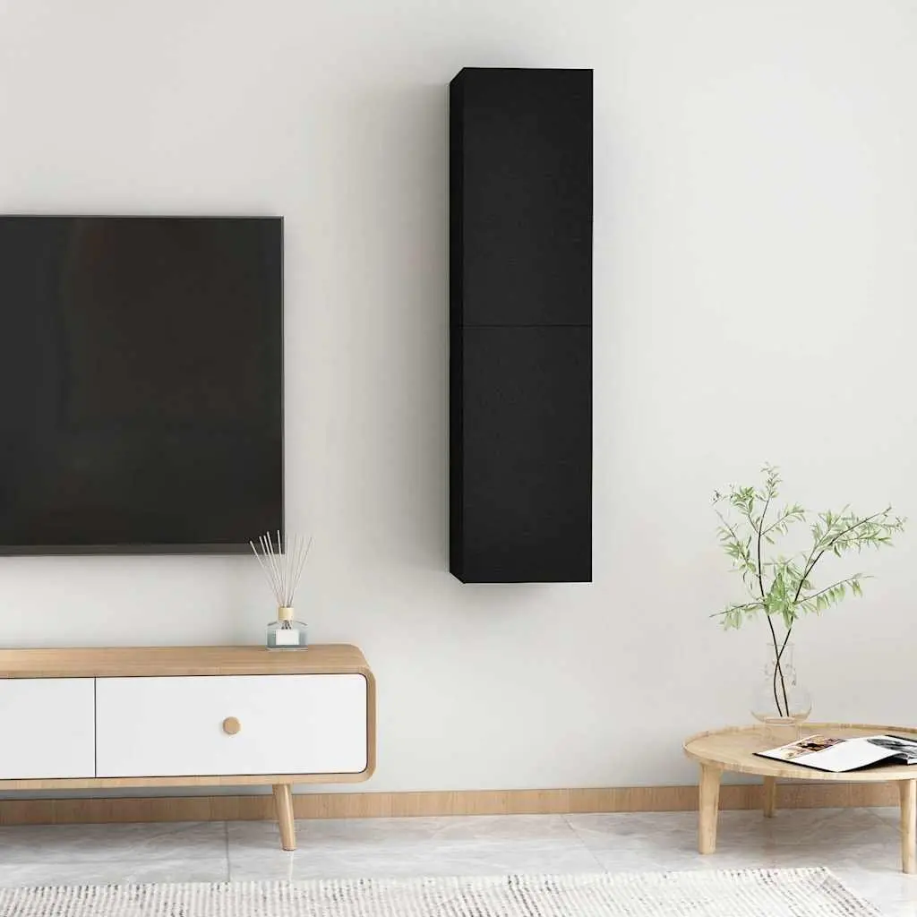 Wall-Mounted TV Cabinet Set Black 2 Pieces Storage Shelves Living Room Unit