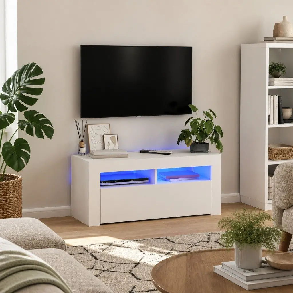 TV Cabinet White LED Lights Storage Unit Modern Media Console Entertainment