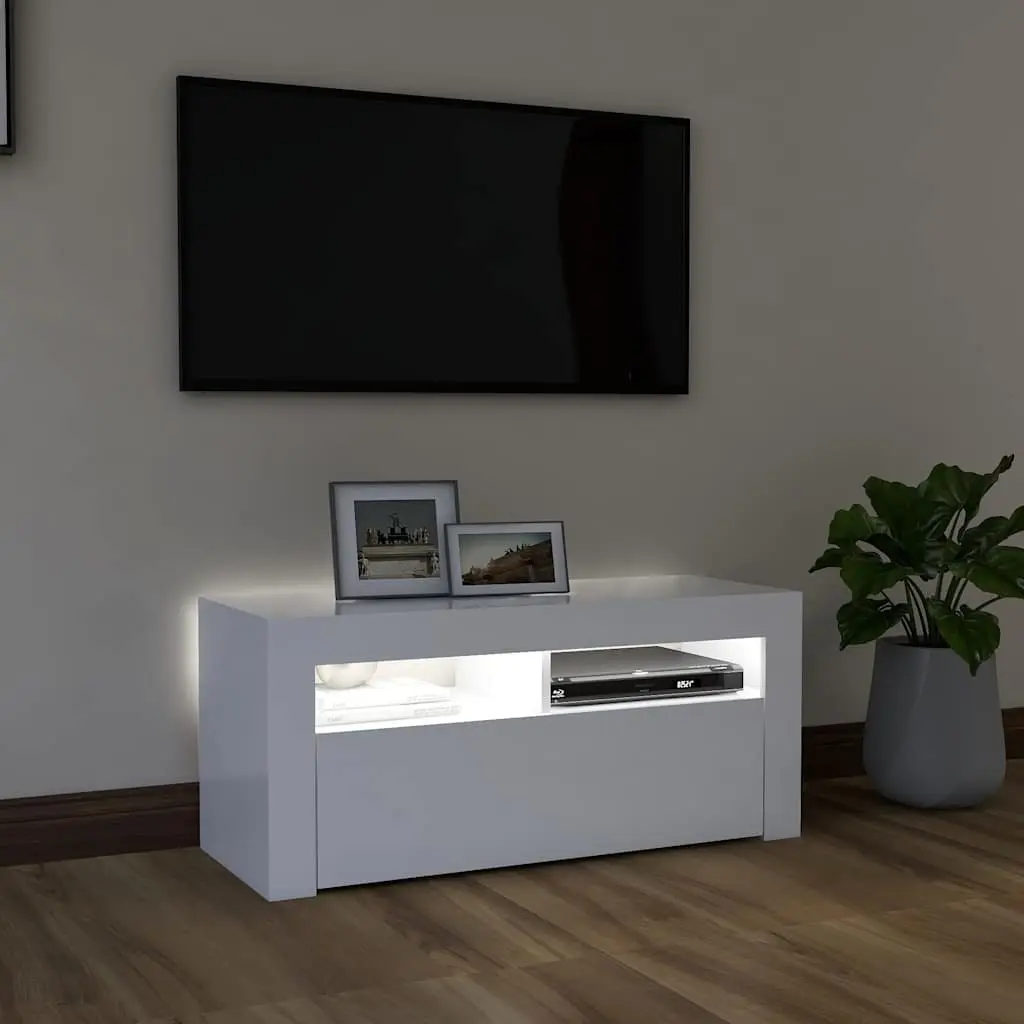 TV Cabinet White LED Lights Storage Unit Modern Media Console Entertainment