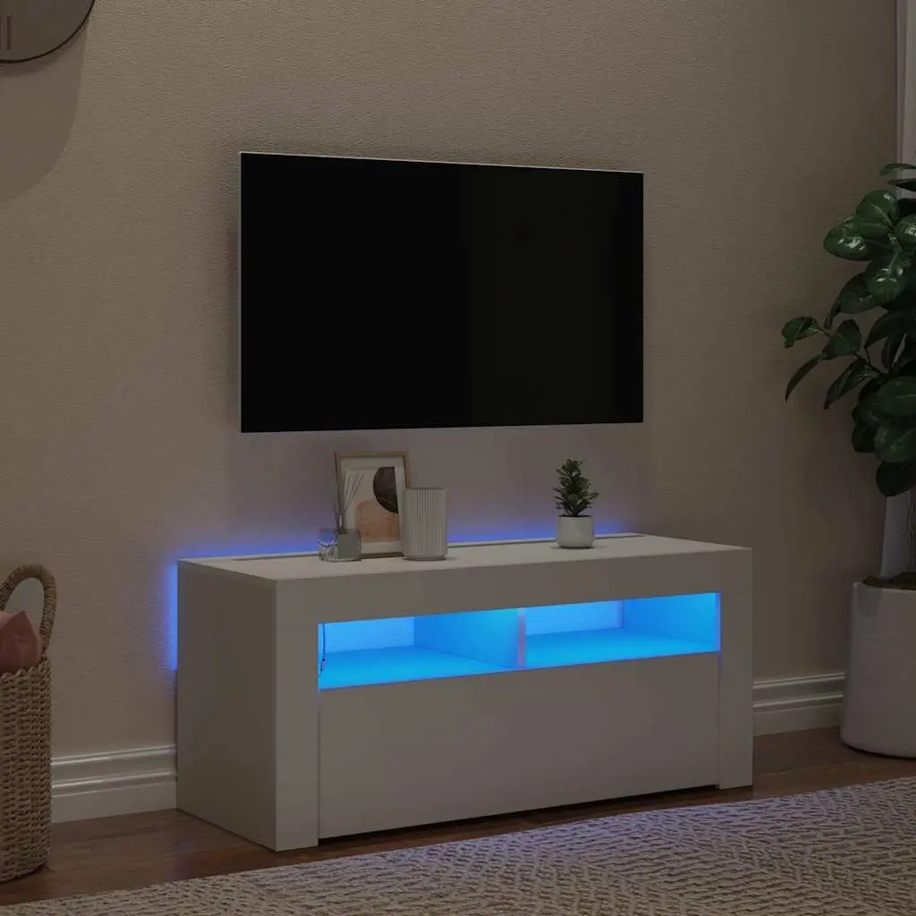 TV Cabinet White LED Lights Storage Unit Modern Media Console Entertainment