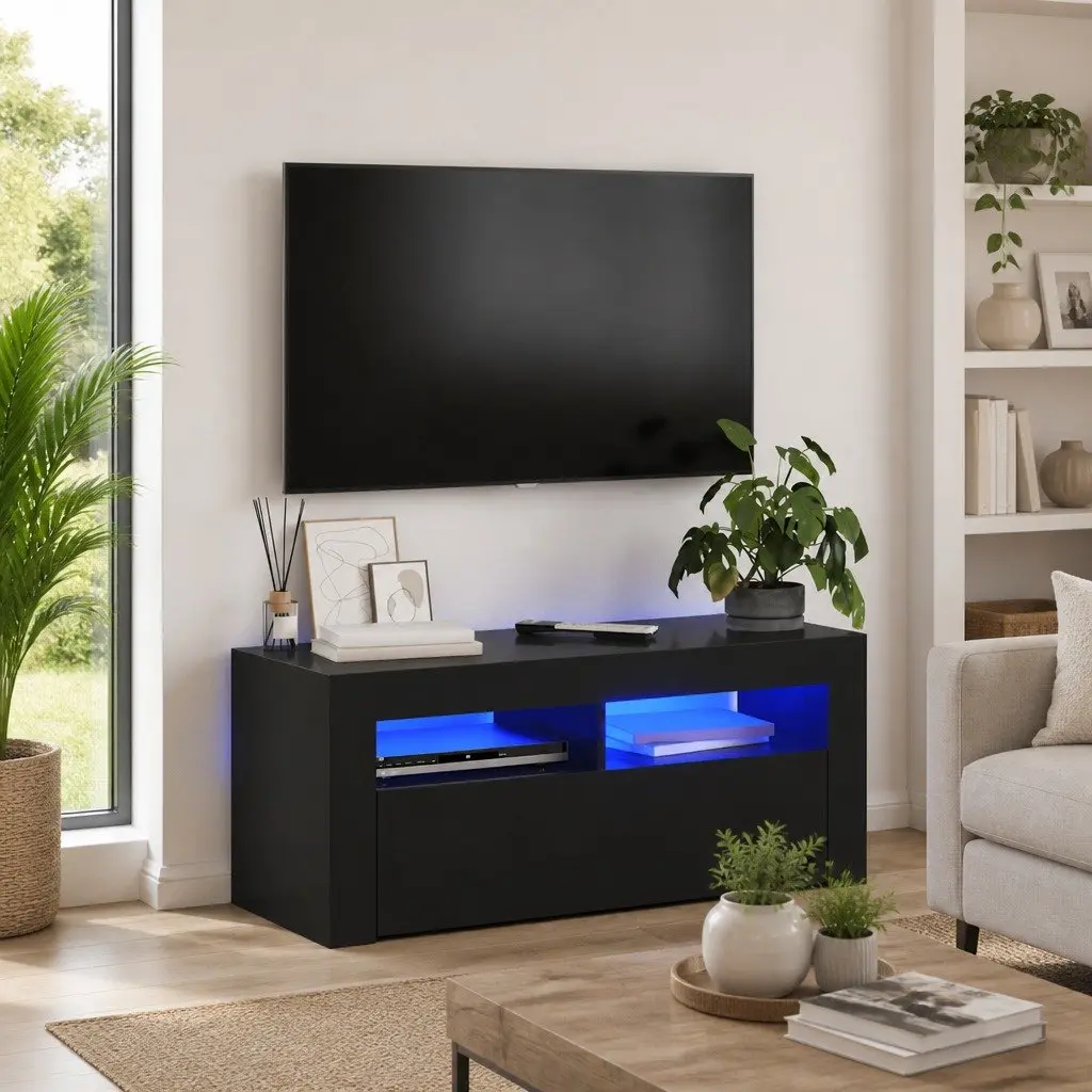 TV Cabinet Black LED Lights Modern 90 x 35 x 40 cm Entertainment Unit Storage Display Shelf