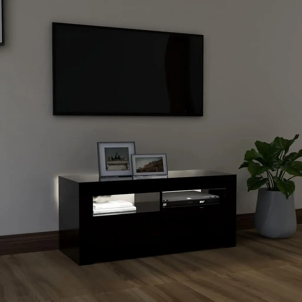TV Cabinet Black LED Lights Modern 90 x 35 x 40 cm Entertainment Unit Storage Display Shelf