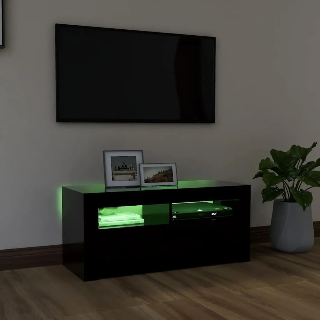 TV Cabinet Black LED Lights Modern 90 x 35 x 40 cm Entertainment Unit Storage Display Shelf