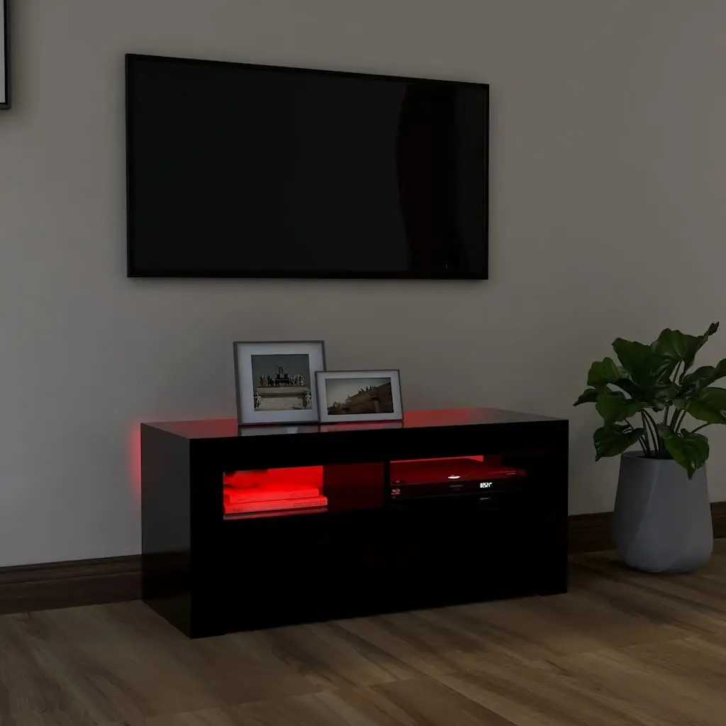 TV Cabinet Black LED Lights Modern 90 x 35 x 40 cm Entertainment Unit Storage Display Shelf