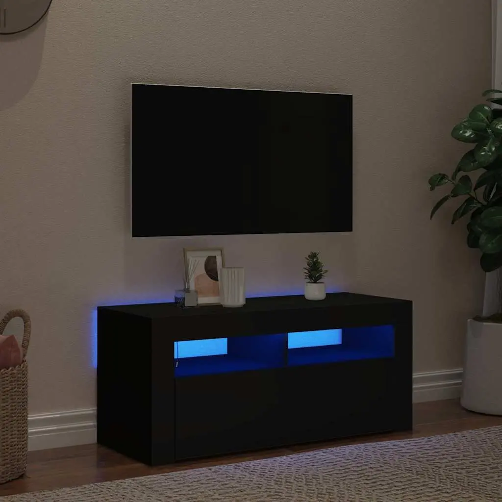TV Cabinet Black LED Lights Modern 90 x 35 x 40 cm Entertainment Unit Storage Display Shelf