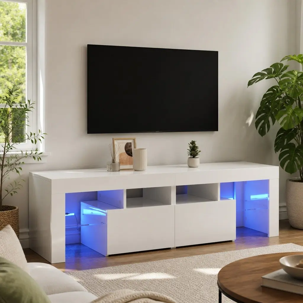 TV Stand High Gloss White RGB LED Lights Storage Unit 140x36.5x40cm
