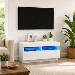 White TV Cabinet with RGB LED Lights Media Storage Unit 80x35x40cm