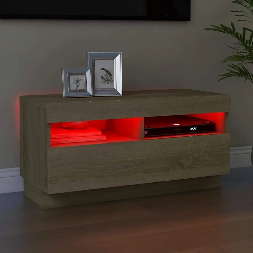 TV Cabinet with RGB LED Lights Brown Wooden Media Entertainment Stand Storage